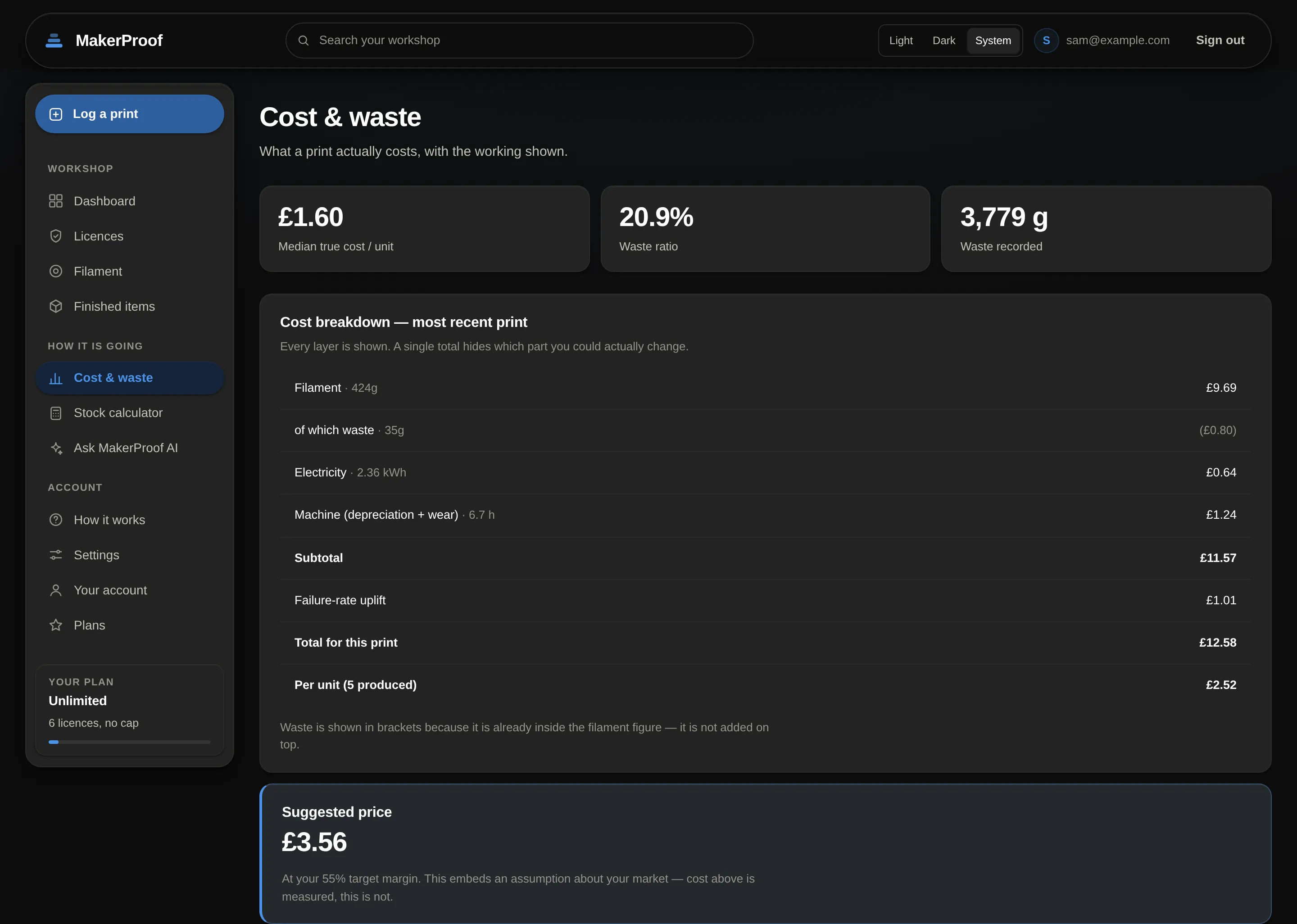 The cost and waste screen, showing a full cost breakdown, a suggested price and a waste report by category.
