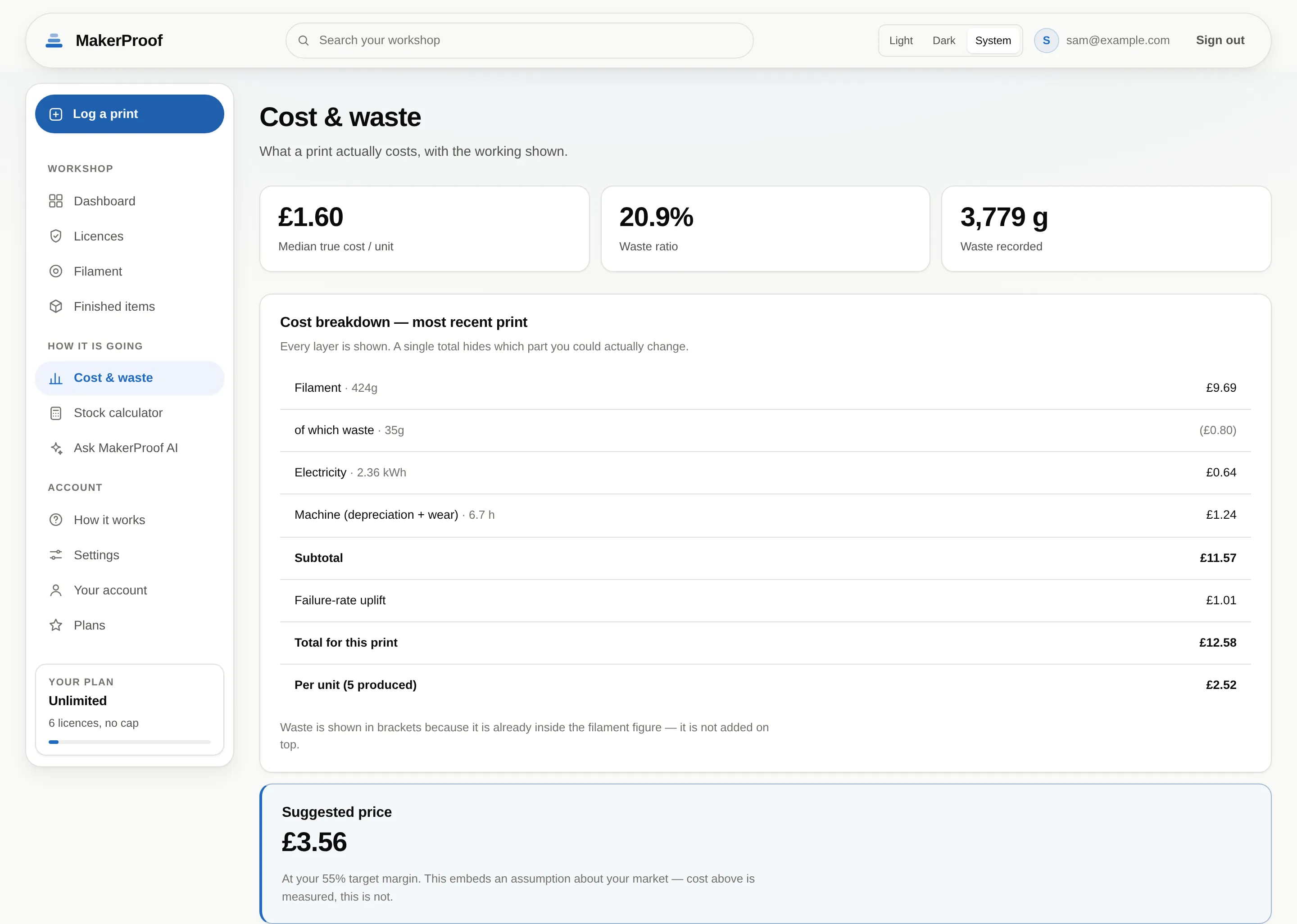 The cost and waste screen, showing a full cost breakdown, a suggested price and a waste report by category.
