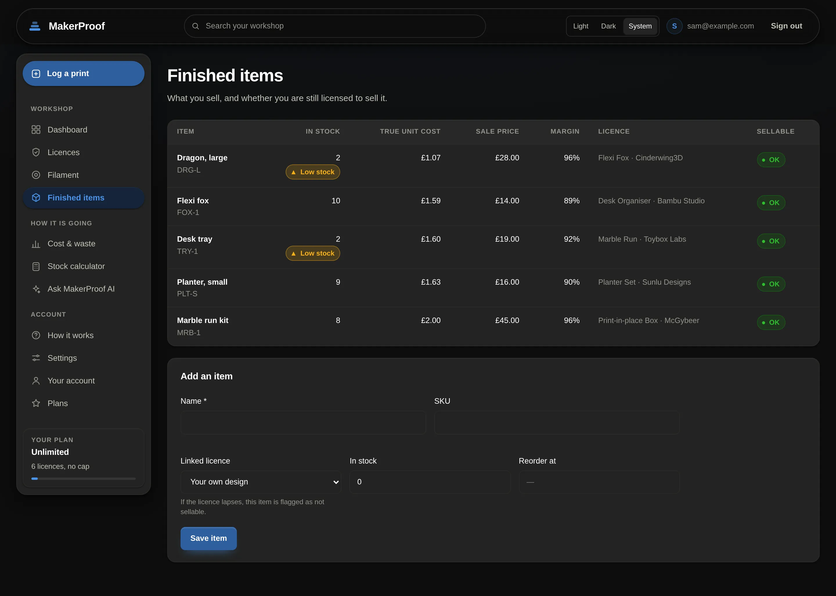 The finished items screen, listing items with quantity in stock, cost and licence status.