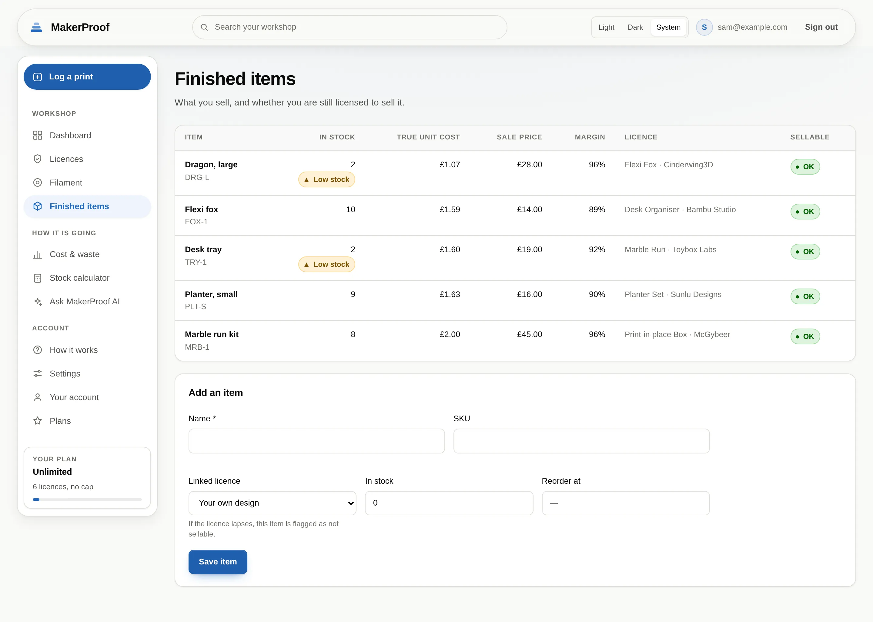 The finished items screen, listing items with quantity in stock, cost and licence status.