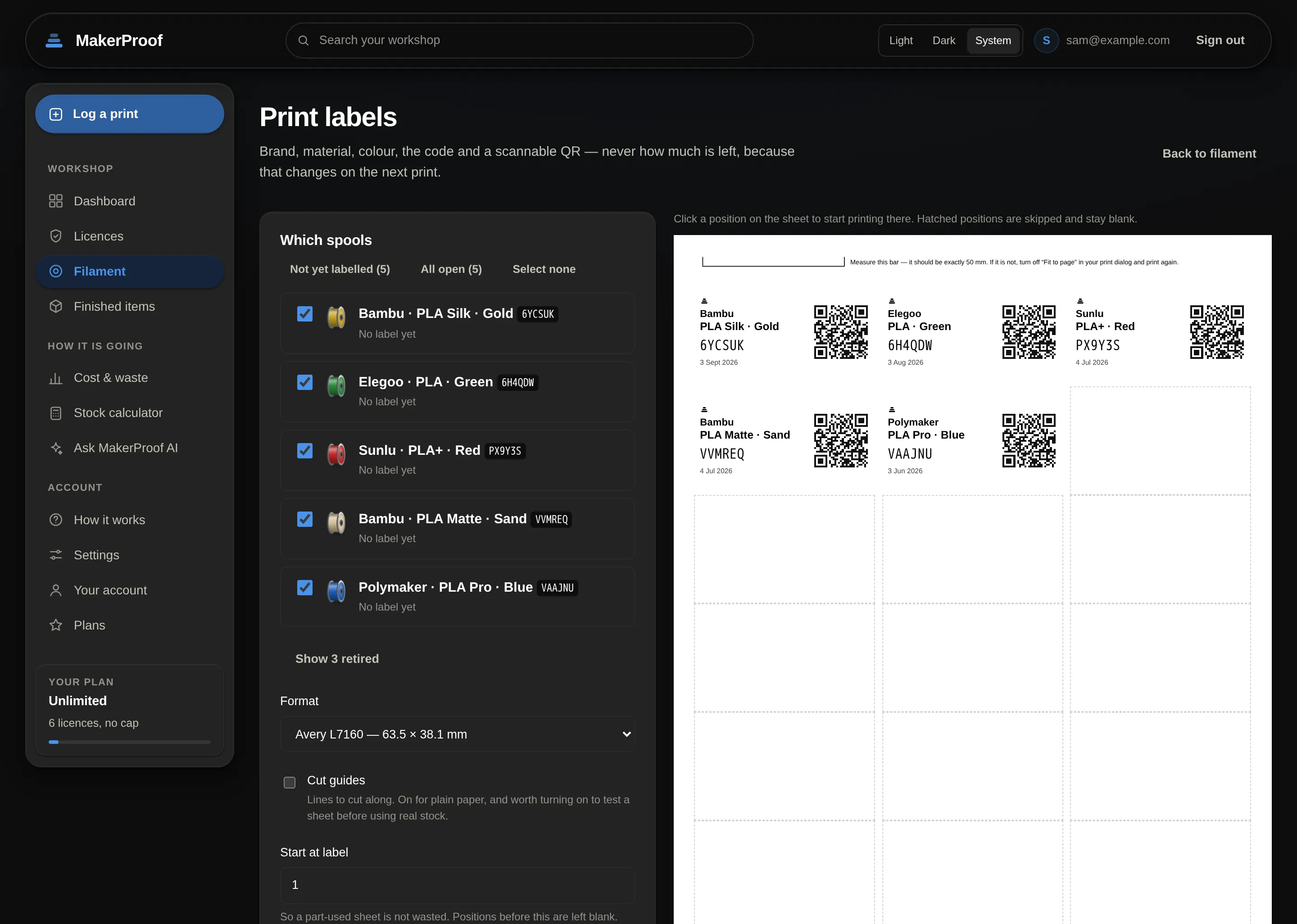 The label sheet, showing a printable grid of filament labels — each with the brand, material, colour, a short code, the printing temperatures and a QR code.