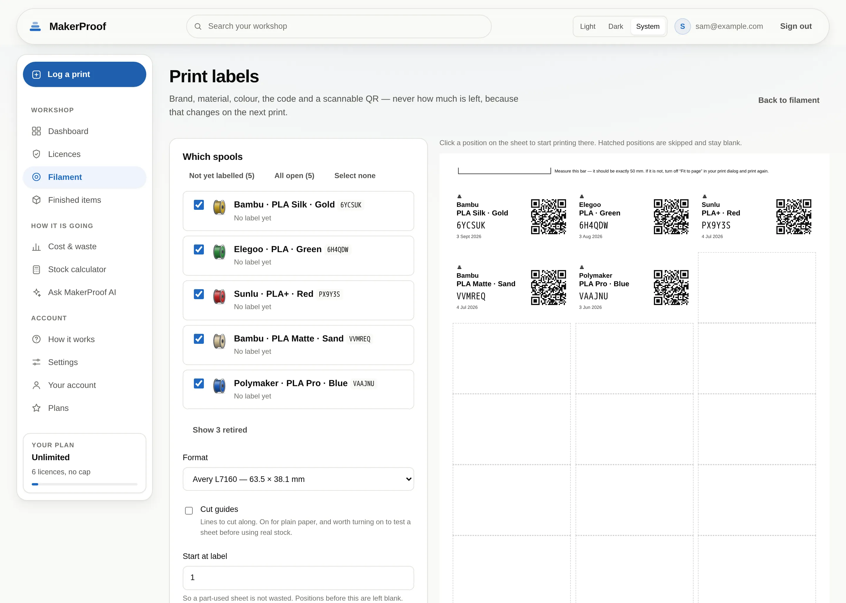 The label sheet, showing a printable grid of filament labels — each with the brand, material, colour, a short code, the printing temperatures and a QR code.