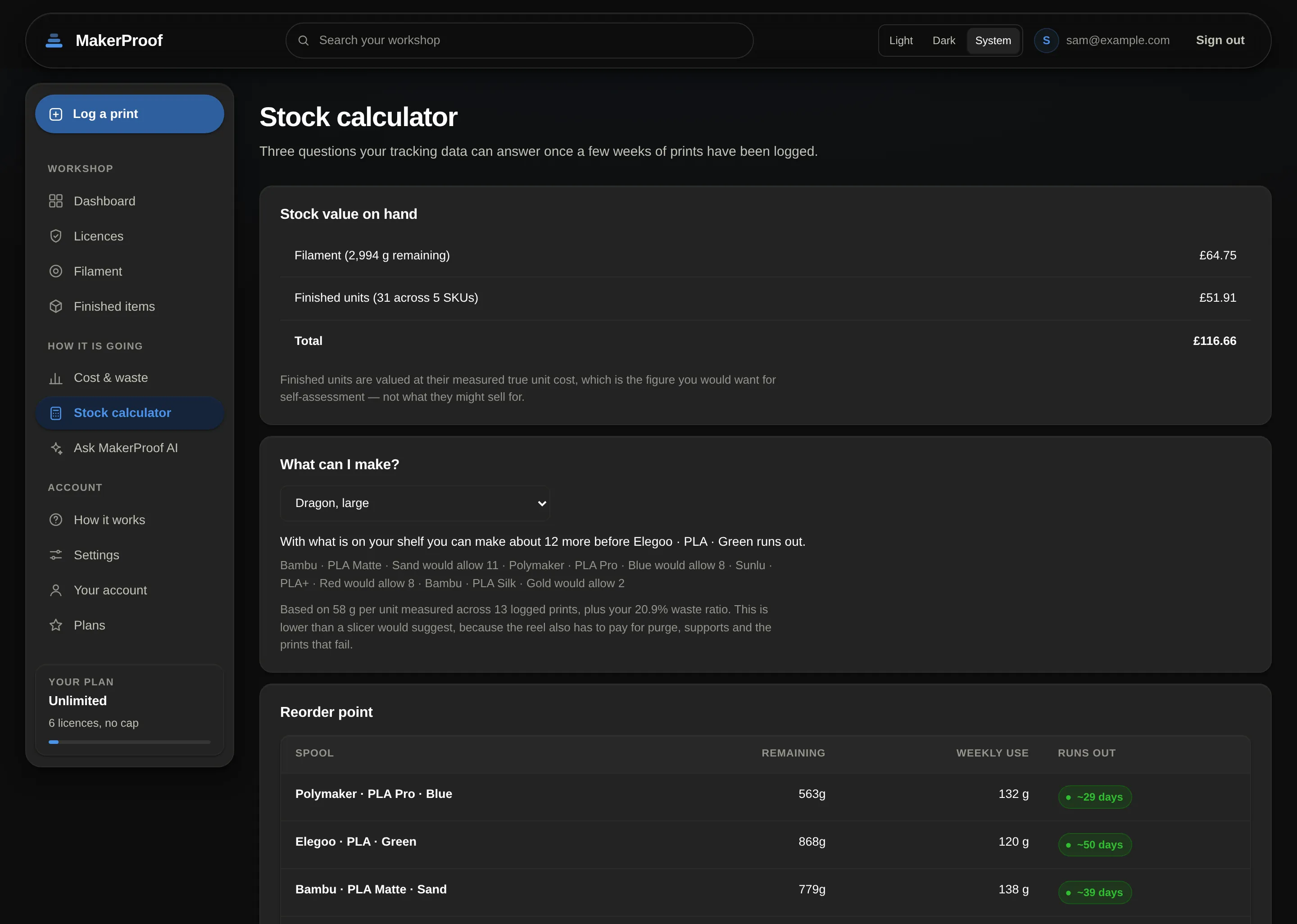 The stock calculator, showing how many units can be made from the filament currently on hand.