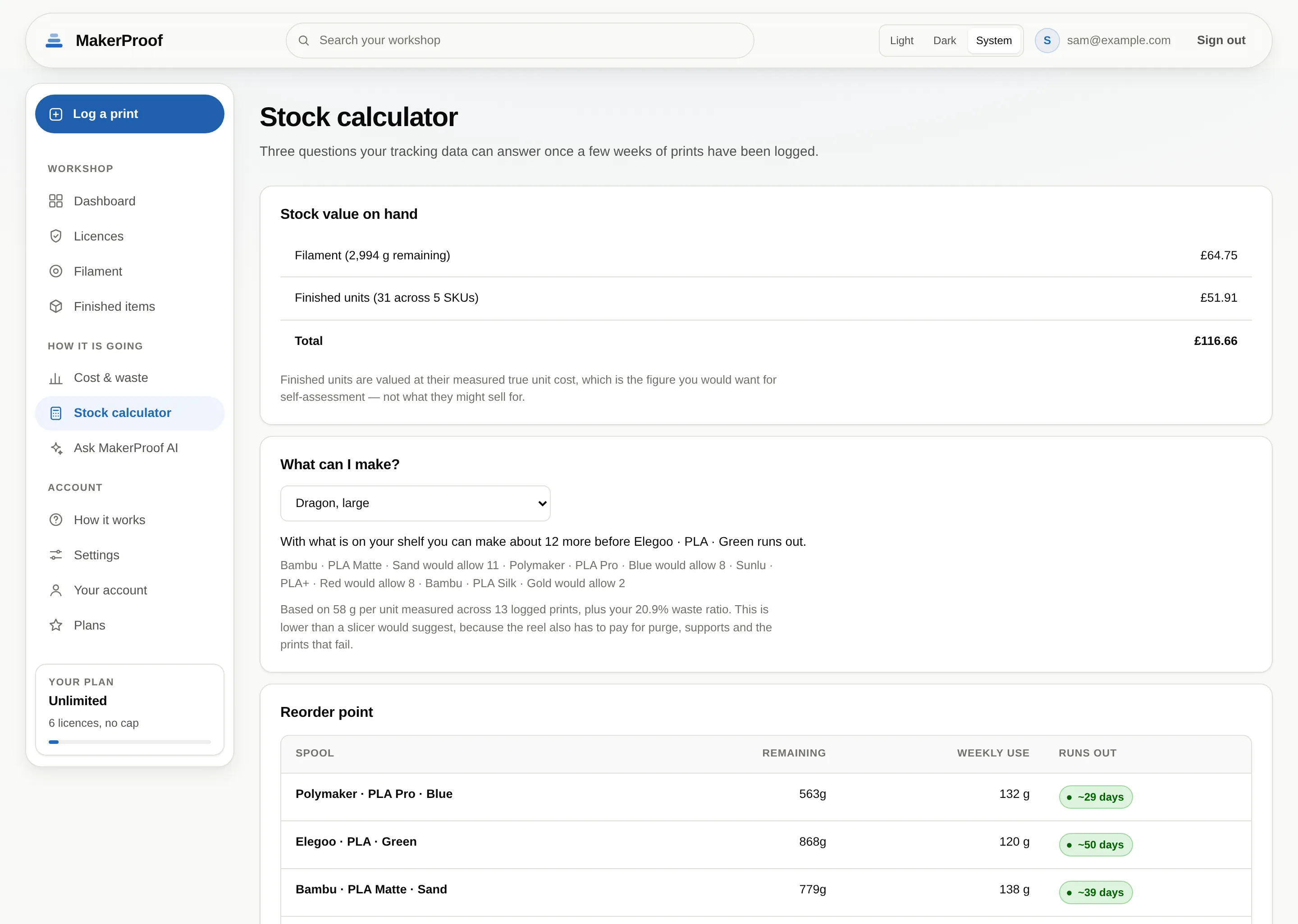 The stock calculator, showing how many units can be made from the filament currently on hand.